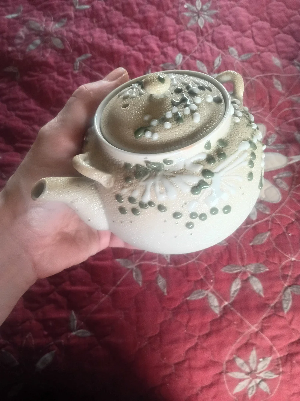 Handcrafted Ceramic Teapot in Cream with Green Accents